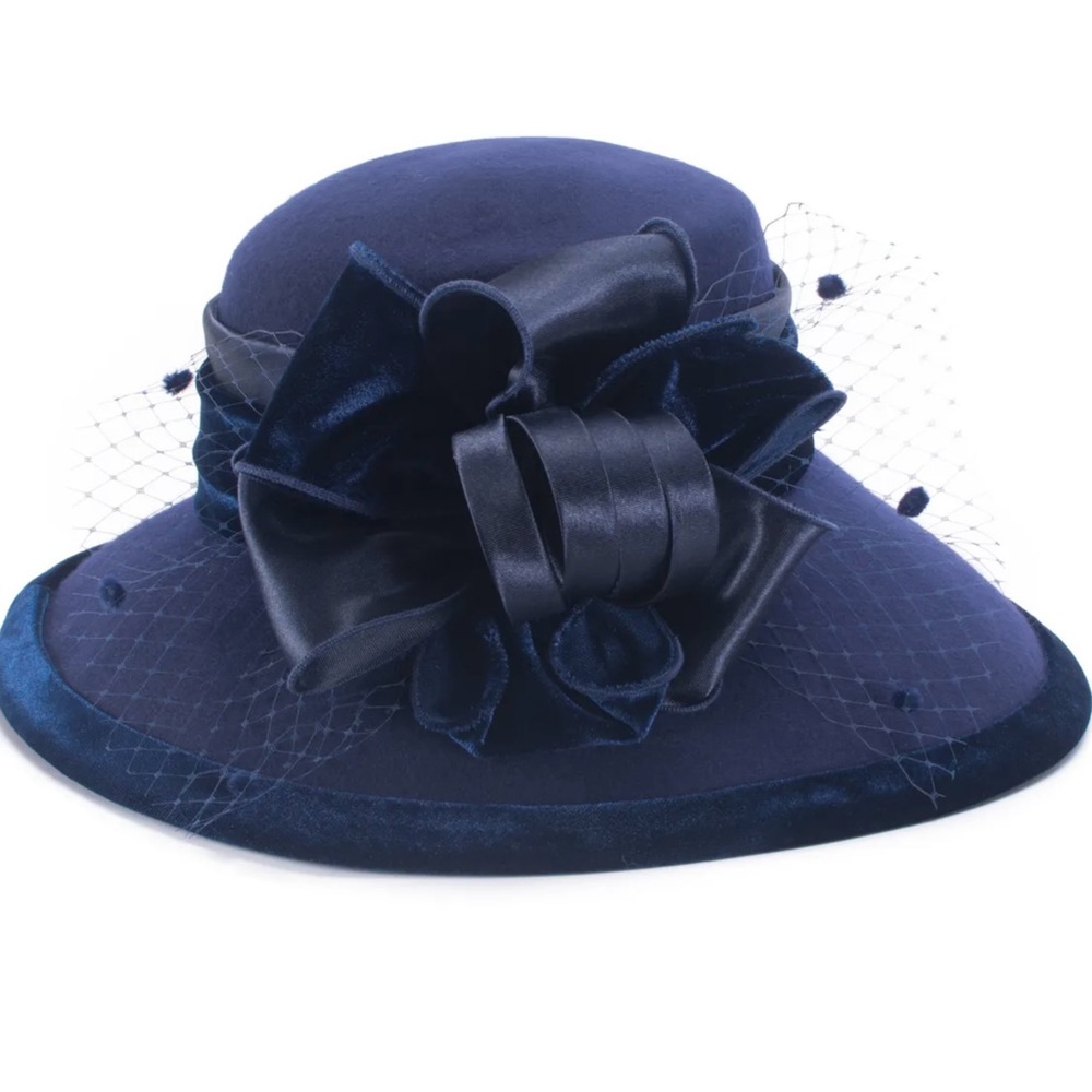 Lawliet Navy Blue Women’s Wool w/Velvet Trim Wide Brim Church Hat New